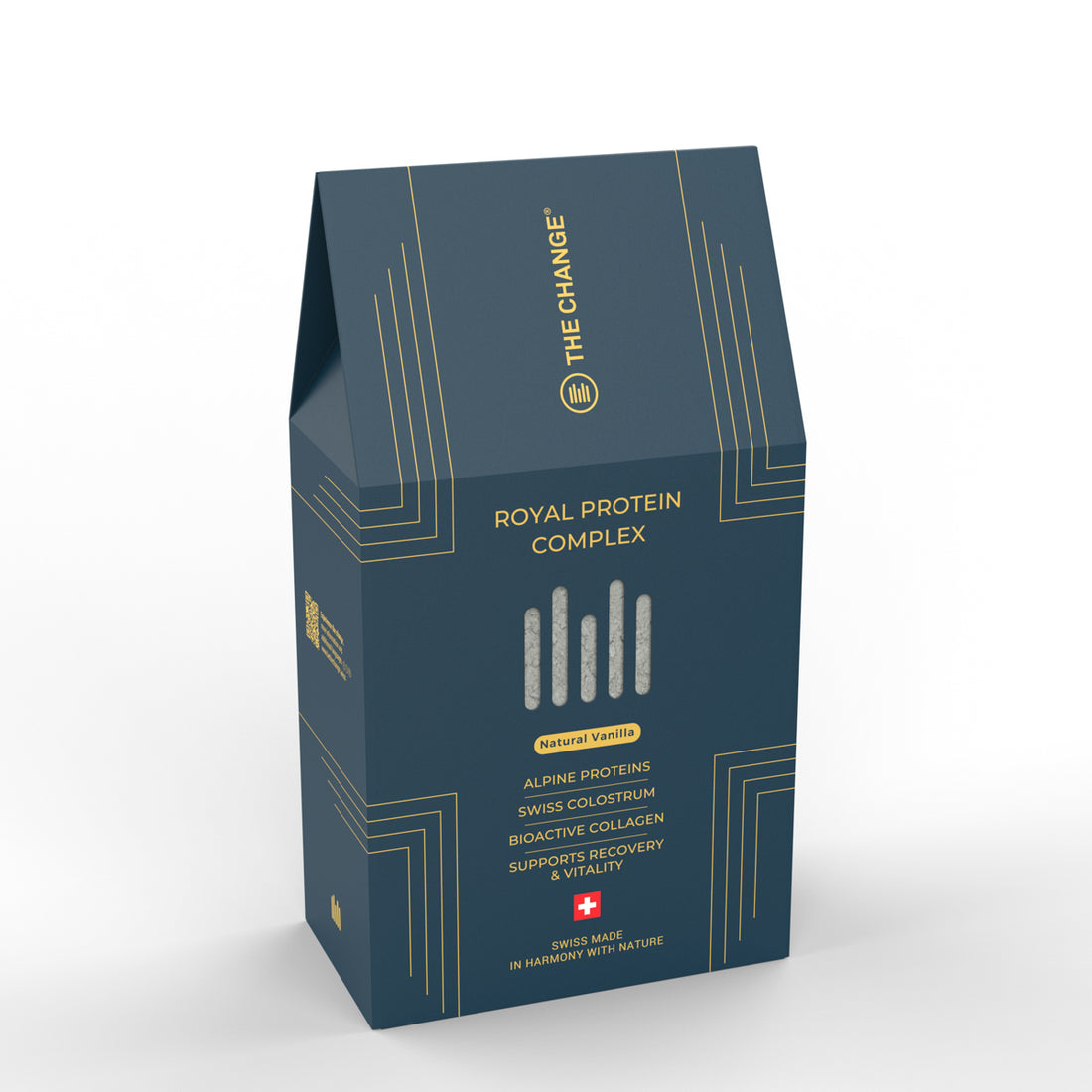 Natural vanilla protein powder in a sleek navy blue box, featuring alpine proteins and bioactive collagen for recovery.