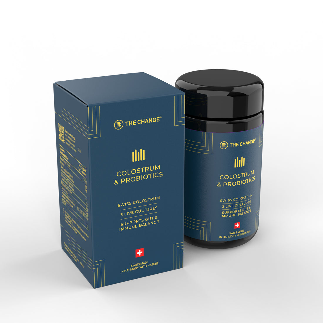 Black bottle of Swiss Colostrum & Probiotics with navy box, promoting gut and immune balance, featuring 3 live cultures.