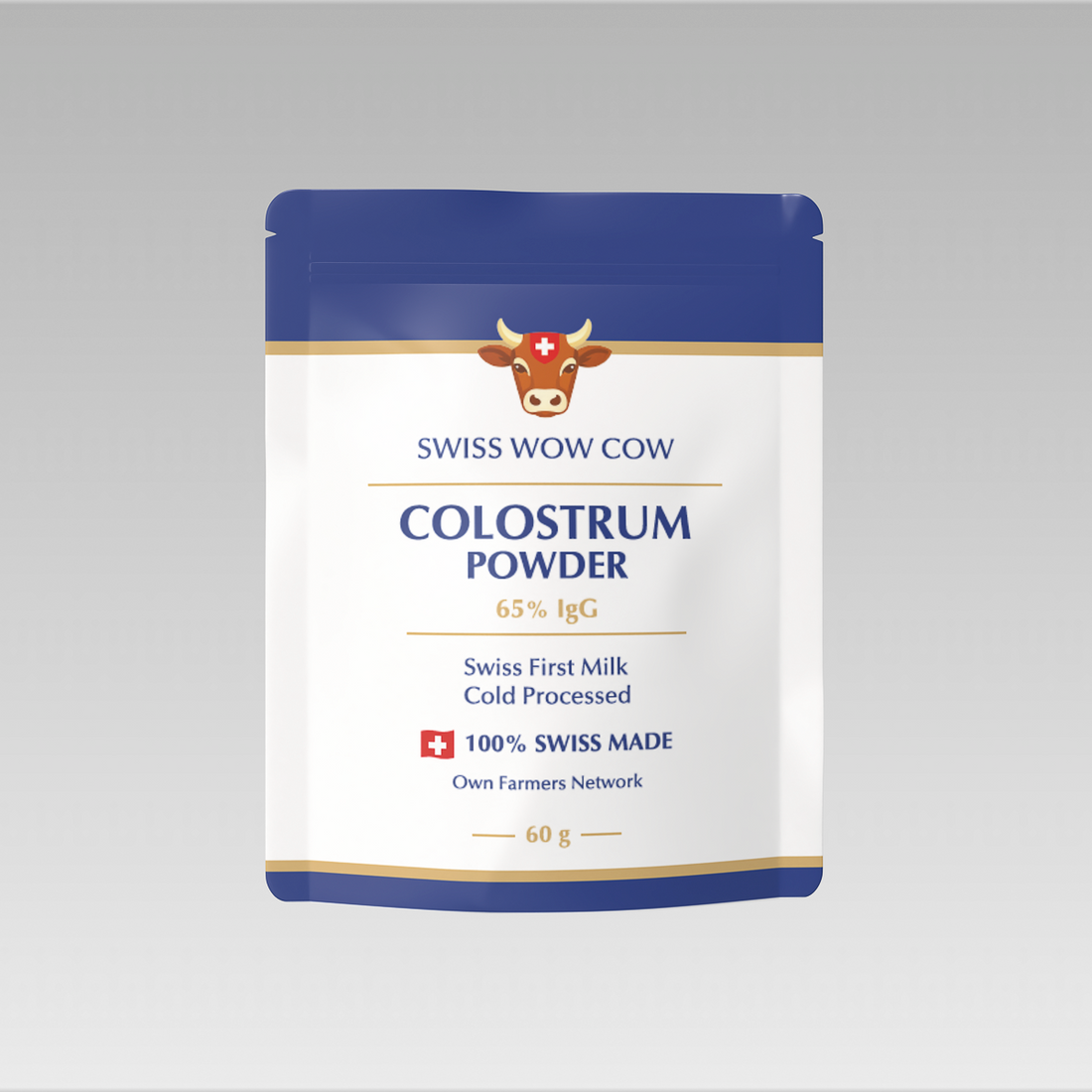 Swiss Wow Cow Colostrum Powder, 60g, cold-processed, 65% IgG, blue and white packaging, 100% Swiss made.