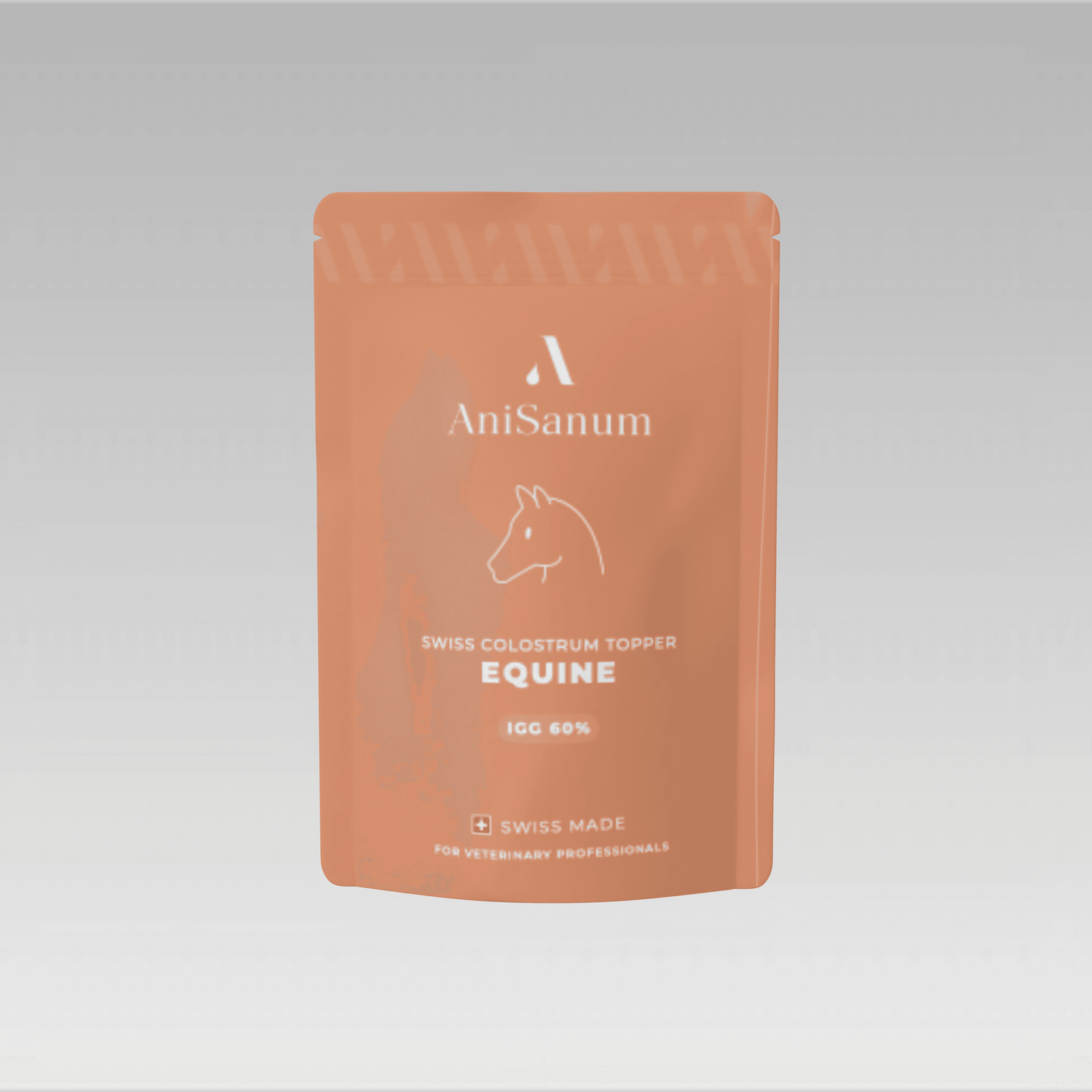 AniSanum Equine Swiss Colostrum Topper, 60% IGC, in a coral pouch, designed for veterinary professionals.