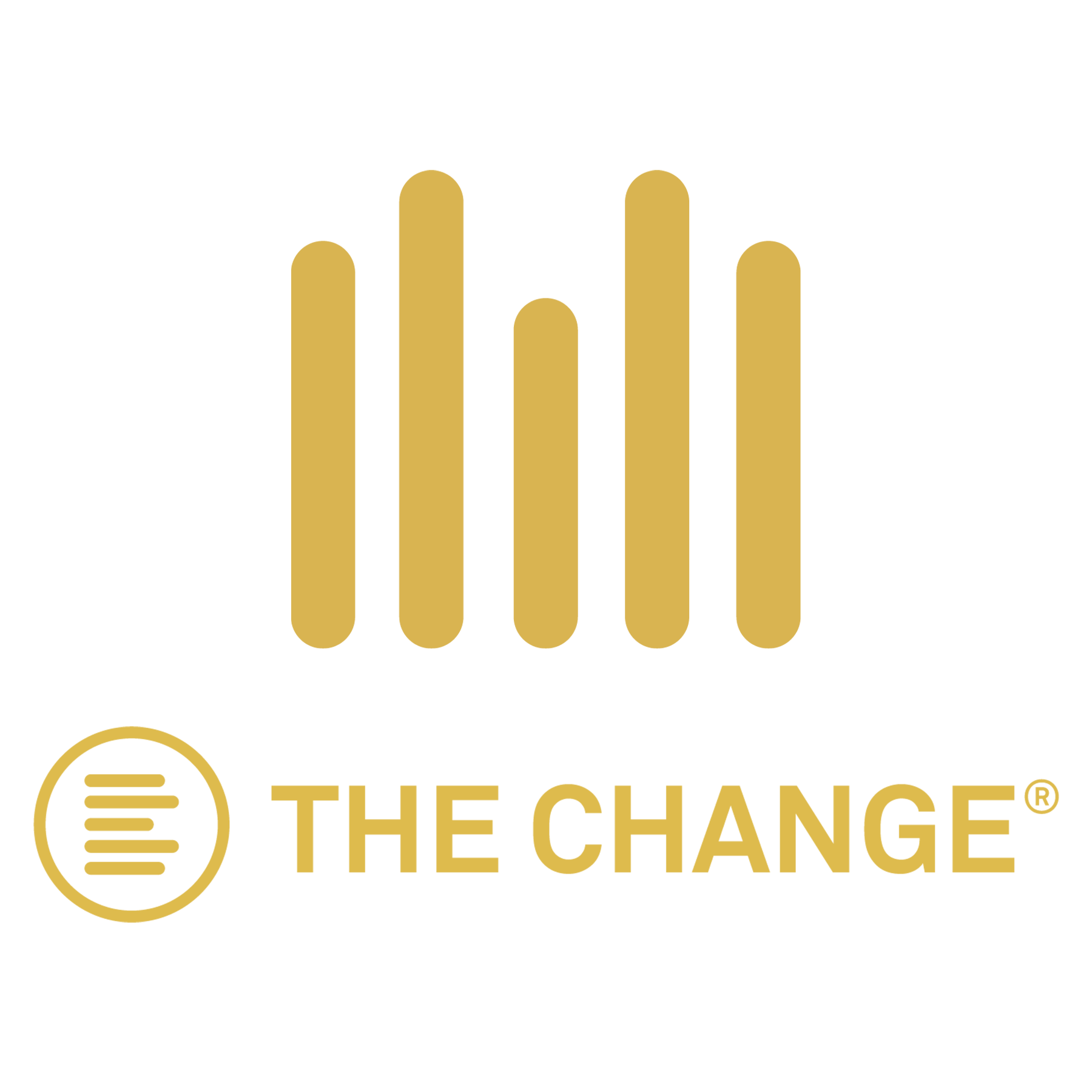 Gold logo of "The Change" featuring vertical bars and circular design, modern and sleek for branding elements.